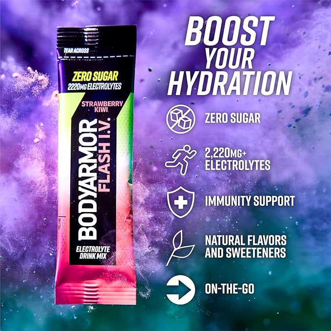 BODYARMOR Flash IV Electrolyte Packets, Strawberry Kiwi - Zero Sugar Drink Mix, Coconut Water Powder (6 Count) (Pack of 2)