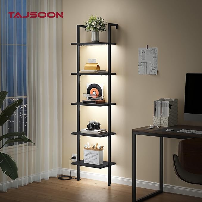 Tajsoon 5 Tier Ladder Shelf with Light, Wooden Wall Mounted Book Shelf, Ladder Bookshelf with Metal Frame, Wall Mounted Ladder Bookshelf for Office, Living Room, Bedroom, Black