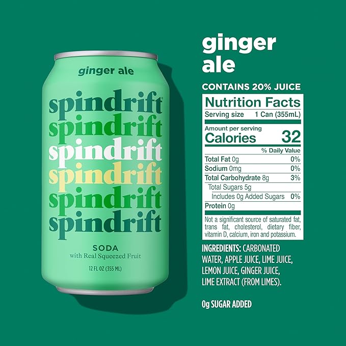 Spindrift Soda Ginger Ale Soda Made with Real Squeezed Fruit 12 Pack Case