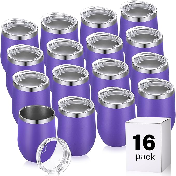 16 Pack Stainless Steel Wine Tumblers 12 oz Insulated Vacuum Wine Cup Set Double Wall Stainless Steel Stemless Mug Glasses for Coffee Soda Whiskey Outdoor Travel (Purple)