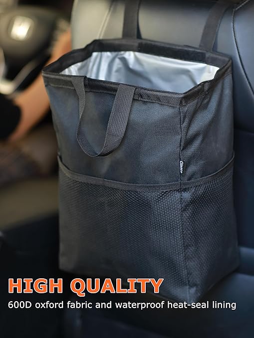 Ginsco 2 Pack New Leak-Proof Travel Car Trash Bag, 3.5 Gallons Large Capacity Hanging Car Trash Can with Hook and Loop Lid and Handle, Multipurpose Trash Bin with Storage Pockets for SUV RV Camping