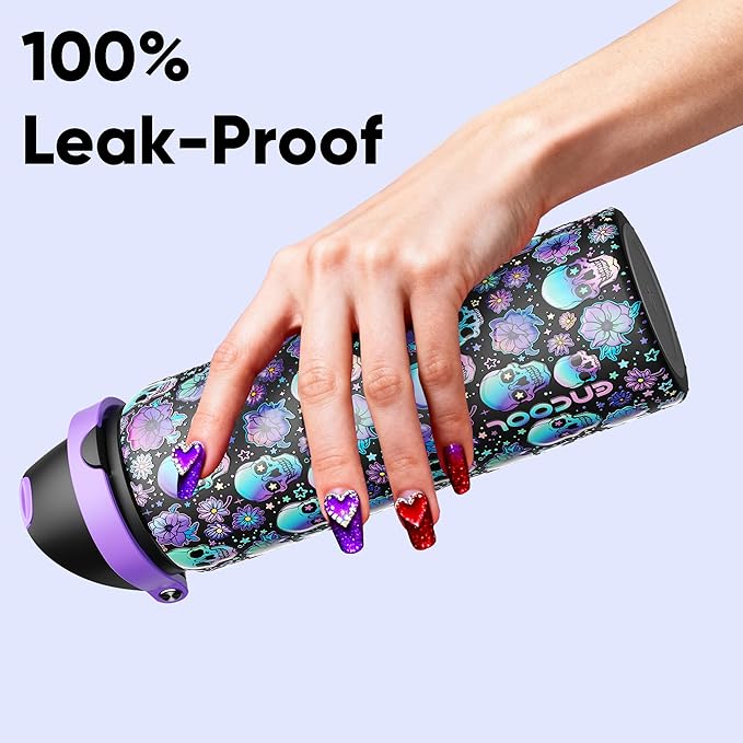 Insulated Water Bottle with Straw - Encool Stainless Steel Water Bottle with Push Button Lid, Leak-Proof & BPA-Free, Keeps Cold for 24 Hours for Sports, Travel, Gym (32 oz, Floral Afterlife)