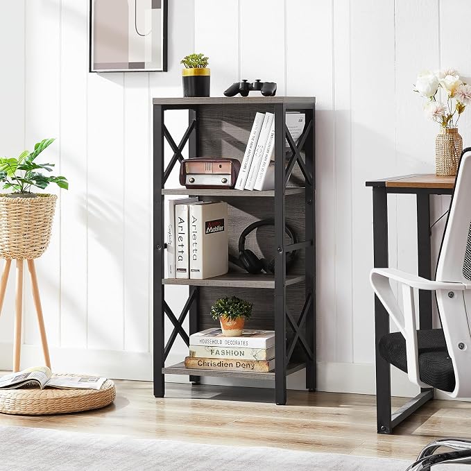 MNEETRUNG Small Bookshelf,4 Tier Industrial Bookcase with Metal Frame and Backboard,Narrow Rustic Gery Book Shelf,Book case for Small Spaces,Living Room,Bedroom and Home Office