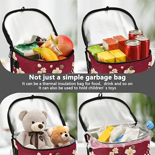 MNSRUU Car Trash Can with Lid, Vintage Floral Cherry Blossom Car Trash Bag Hanging Organizers and Storage for Front Back Seat, Leak-Proof Trash Bin