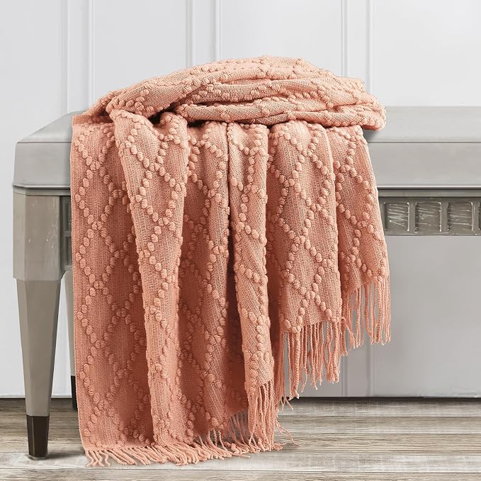 BOURINA Orange Throw Blanket 50 x70 Inches Jacquard Argyle Throw Textured Solid Soft Throws and Blankets for Sofa or Bed Knitted Decorative Blanket