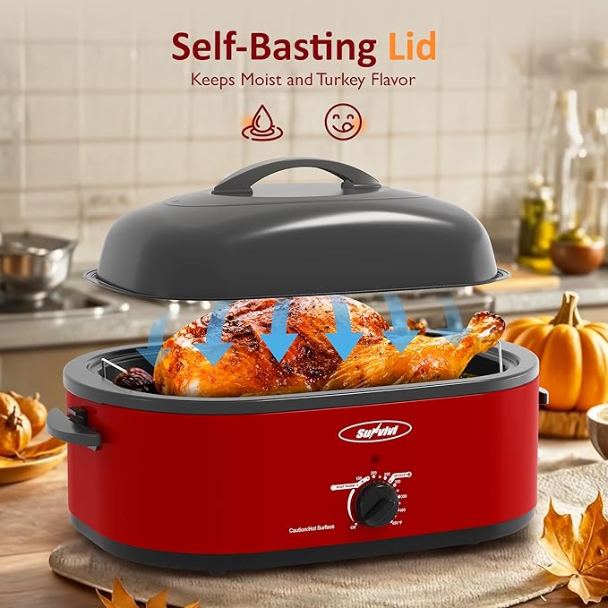 Sunvivi Electric Roaster,18 Quart Roasting Oven with Self-Basting Lid Removable Pan,Turkey Roaster Oven with 150 to 450F Temperature Control Cool-Touch Handles,Red
