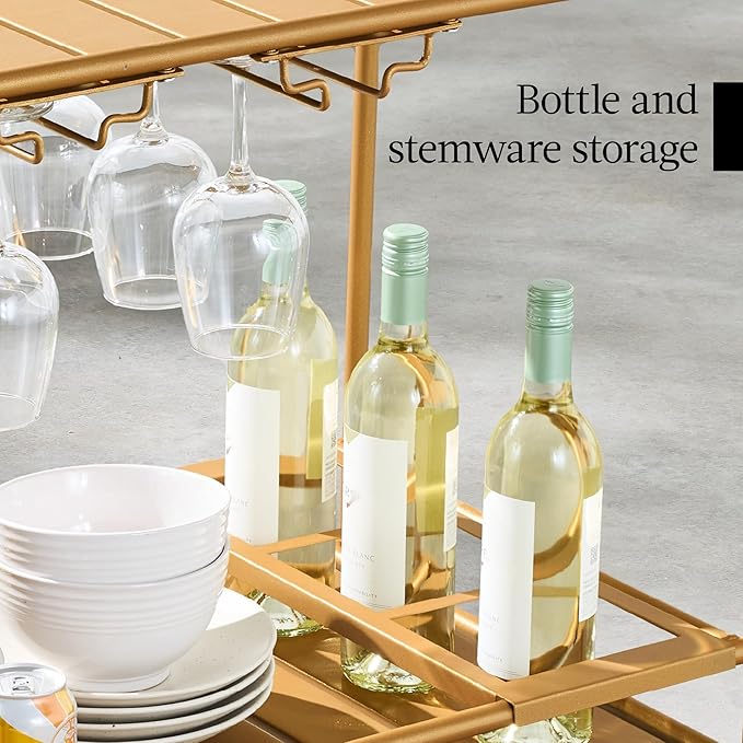 Best Choice Products Rolling Bar Cart, Mobile Home Bar Serving Cart, Serving Station w/ 2 Tier Shelves, Wine Rack, Lockable Wheels - Gold