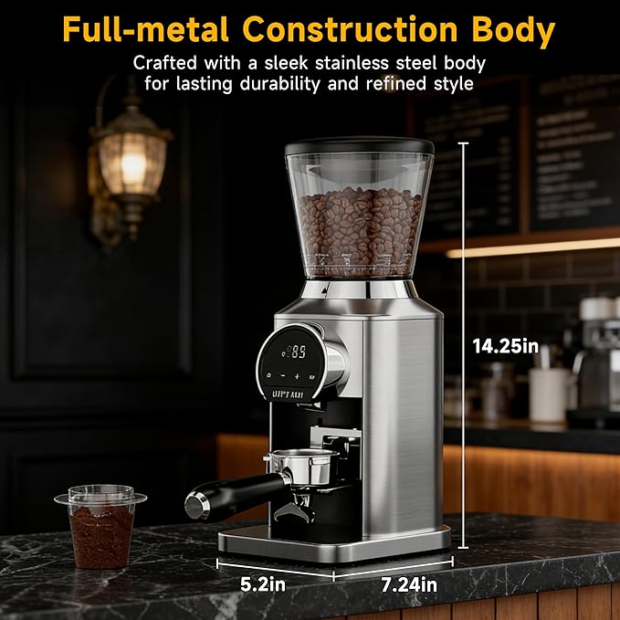 Conical Burr Coffee Grinder with 40mm Stainless Steel Burr, 34 Grind Settings & Anti-Static, Electric Espresso Grinder for Home Use –Perfect for Espresso, Drip Coffee, French Press & Cold Brew, Silver
