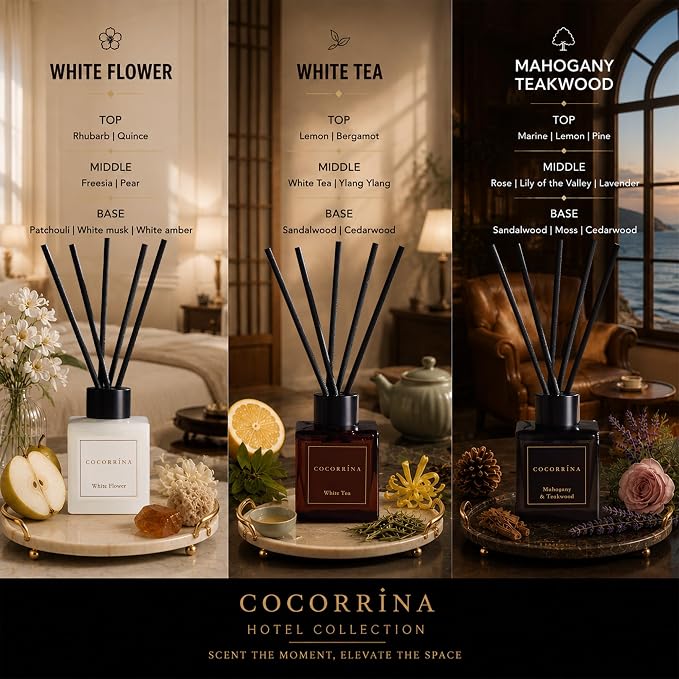 COCORRÍNA Hotel Collection Reed Diffuser Set, 3.04 fl oz Trio, Mahogany Teakwood, White Flower & White Tea, Home Fragrance for Bathroom, Bedroom, Entryway & Office