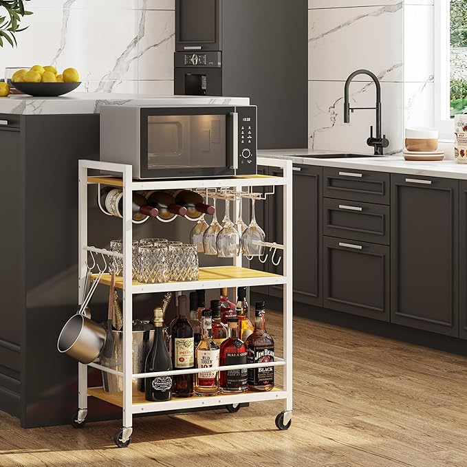 TUTOTAK Bar Cart, Serving Cart for Home, Microwave Cart, Drink Cart, Mobile Kitchen Shelf with Wine Rack and Glass Holder, Rolling Beverage Cart BC01BOW030