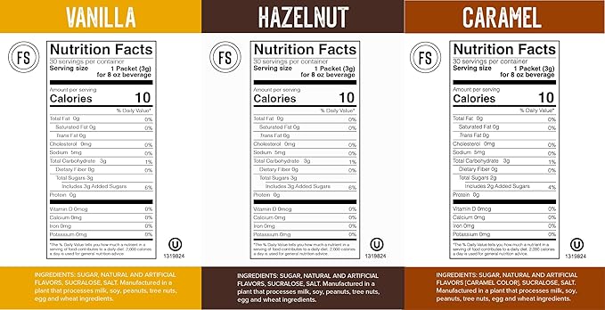 Flavor Singles Variety (Vanilla, Hazelnut & Caramel) Powdered Coffee & Tea Sweetener Packets, Travel Ready Single-Serve Syrup Alternative, 30 Count (Pack of 3)