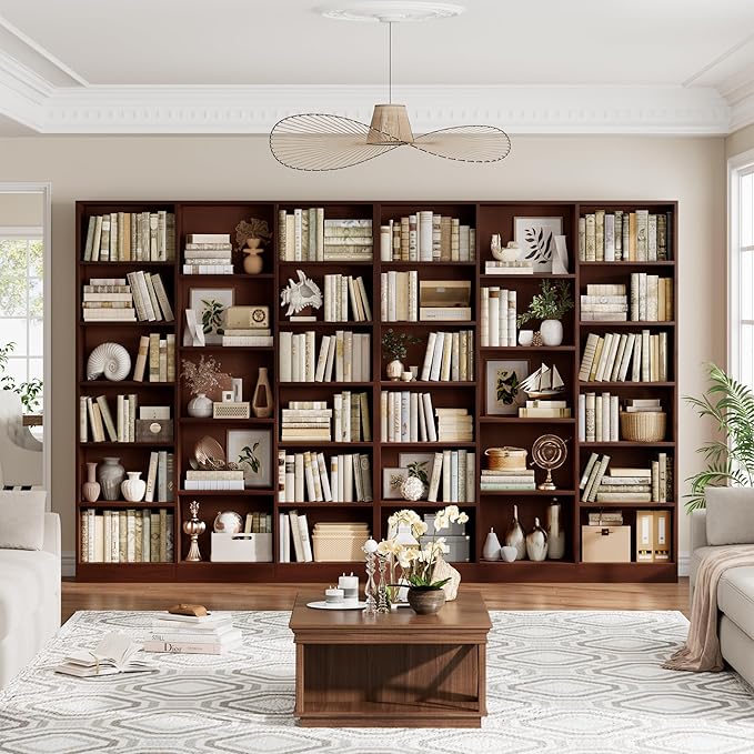 FACBOTALL Triple Wide Bookshelf, 6 Tier Large Bookshelf, Bookcase with 17 Open Display Shelves, 74'' Tall Bookcases and Bookshelves for Living Room, Home Office, Library, Cherry