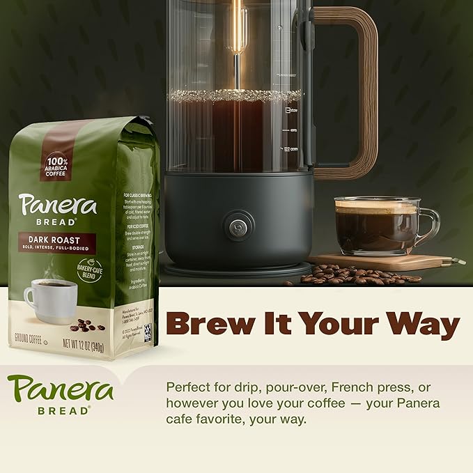 Panera Dark Roast Ground Coffee, - Bold Breakfast Brew with Dark Chocolate Finish - 100% Arabica Beans, Sustainably Sourced - Kosher, Dairy-Free - Cafe Quality for Home Brewing 12oz Bag Pack of 6 (72oz Total)