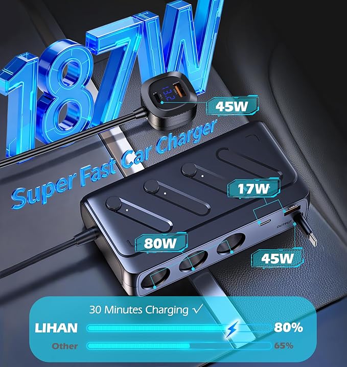 LIHAN Cigarette Lighter Splitter Adapter, 3 Sockets & 5 USB Ports (3 Type-C+2 QC), Retractable 45W PD Cable, 12V/24V Car Charger with LED Voltage Monitor for Vehicle/RV/SUV/Truck
