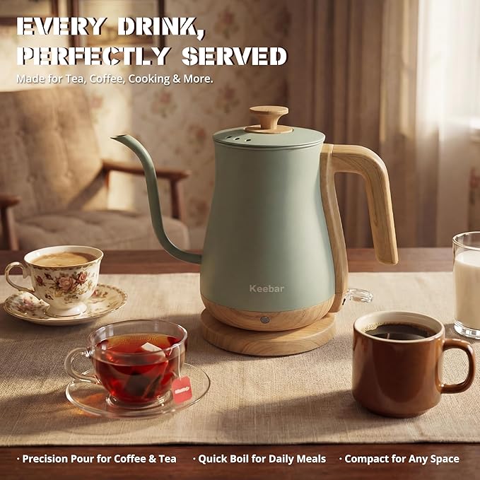Electric Kettle, Electric Tea Kettle Stainless Steel, Gooseneck Electric Kettle, 1000W Hot Water Kettle Electric Auto Shut Off, 0.8L, Wood-like Grain Finish Handle, Light Green