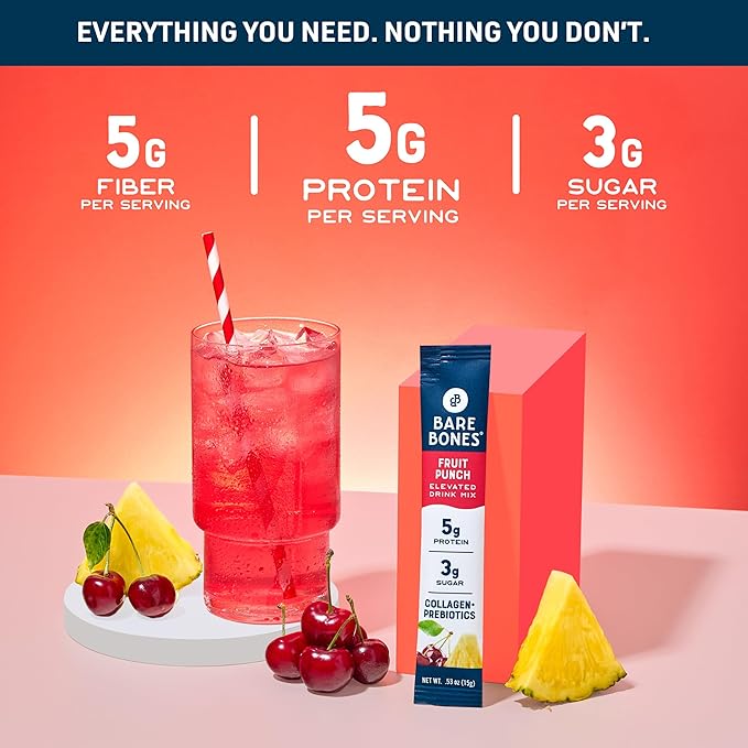 Bare Bones Fruit Punch Elevated Drink Mix | Collagen & Prebiotics | Gluten-Free & Naturally Sweetened | On-the-Go Stick Single-Serve Packs Powdered Refreshment | 5g Protein | 16 Packets (.60 oz)