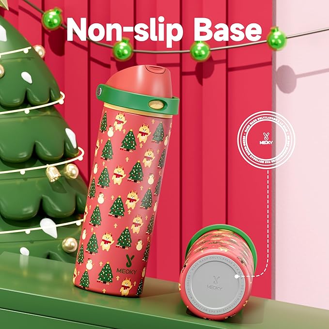 24 oz Christmas Insulated Water Bottle: Meoky Stainless Steel Water Bottle with Straw and Spout Lid - Leak Proof, Cold for 24 Hours, Fits in Car Cup Holder, BPA-Free for Women Men, Santa Deer