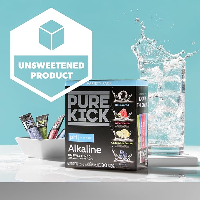 Pure Kick Alkaline pH 8.5 or Higher Powdered Drink Mix Packets Variety Pack, 30 Singles to Go!, Unsweetened with a Hint of Flavor - Watermelon, Berry, Cucumber Lemon & Unflavored, 30 Servings