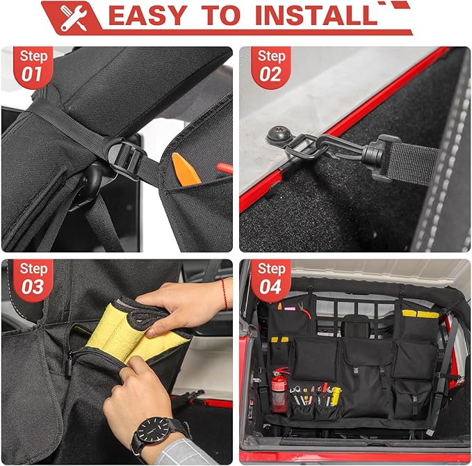 for JKU JLU Rear Trunk Organizer Bag Backseat Haning Cargo Organizer with Multi-Pockets Tool Kits fit for Jeep Wrangler JKU JLU