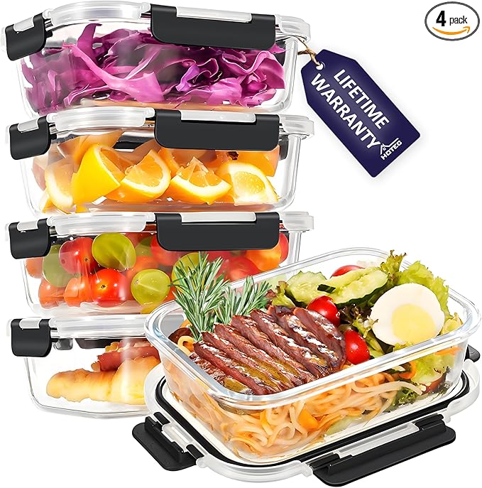HOTEC 35OZ Glass Food Storage Container, Airtight Glass Lunch Fruit Containers with Lids - Microwave, Oven, Freezer and Dishwasher Safe, 4-PACK