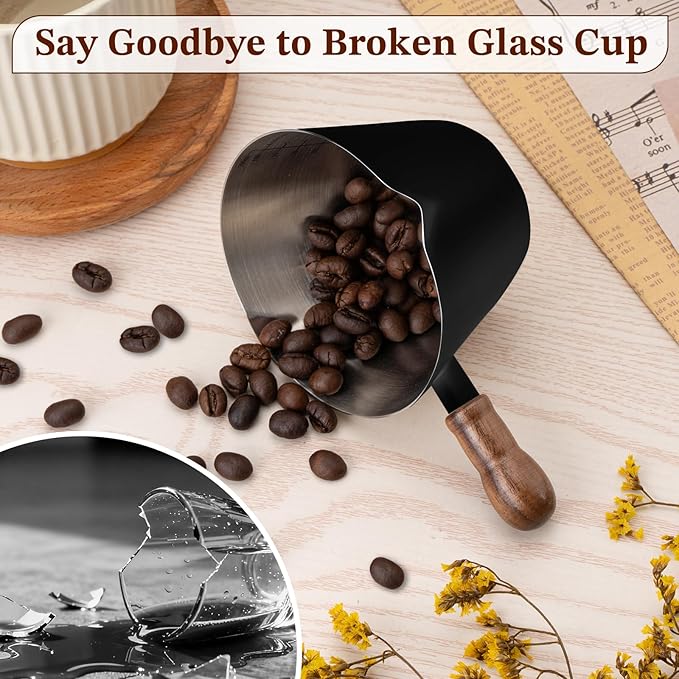 Espresso Cup, 6.8 oz/200 ml Stainless Steel Coffee Shot Measuring Cup with Wood Handle, Double V-Shaped Mouth and Clear Scale for Cappuccino Barista Coffee Bar Accessories, Black