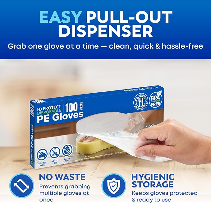Disposable Plastic Gloves 100 Pack – Food Safe, BPA & Latex-Free HDPE Cryogenic Gloves for Cooking, Food Prep, Kitchen Use, Serving & Crafts – Clear, Single-Use, Comfortable Fit