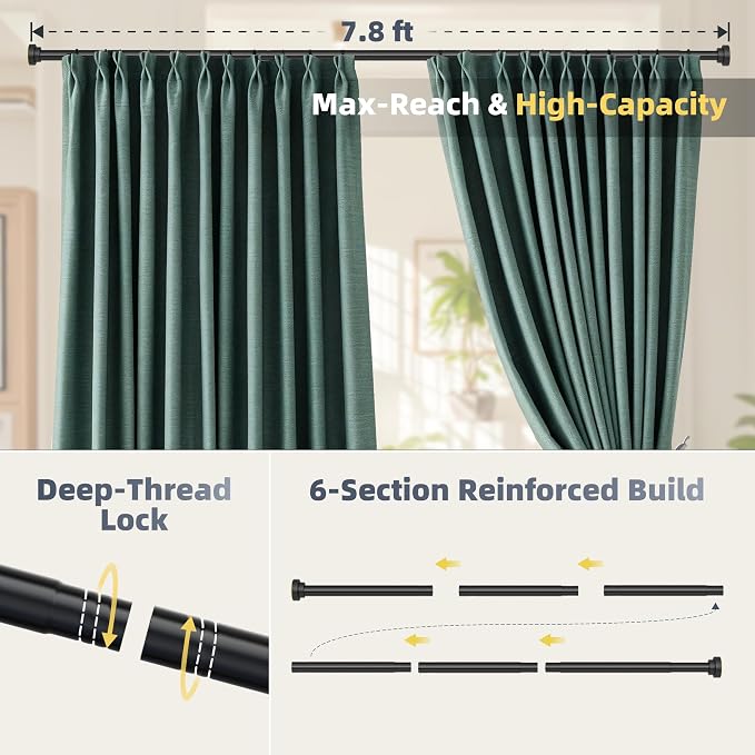 STARLATTA Long Tension Shower Curtain Rod 31-94 Inch: 1.1" Dia Rustproof Stainless Steel, No Drilling Heavy Duty, Adjustable Room Divider for Bathroom Window, Matte Black