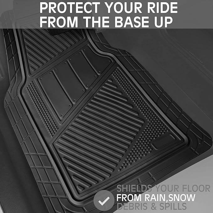 CAR PASS Heavy Duty Rubber Floor Mats Gray Car Mats Full Set with Trunk Cargo Liner - Universal Waterproof Floor Mats for Car SUV Truck, Durable All Weather Automotive Liner Mats (All Black)
