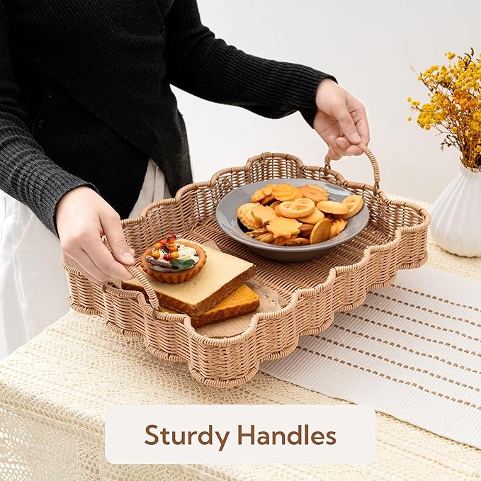 GRANNY SAYS Scalloped Edge Rectangle Wicker Serving Tray, Coffee Table Tray, Serving Trays with Handles, Decorative Tray for Entryway, Coffee Table, Woven Tray for Serving, 15 ¾"×11 ½"×2 ¼"