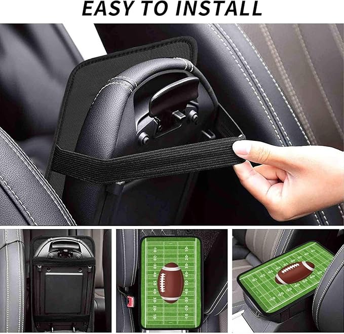 American Football Center Console Cover Pad, Rugby Field Car Armrest Seat Box Cover Cushion Universal for Most Vehicle SUV Truck, Car Interior Accessories Decor, Protect from Pet Claws & Dirt