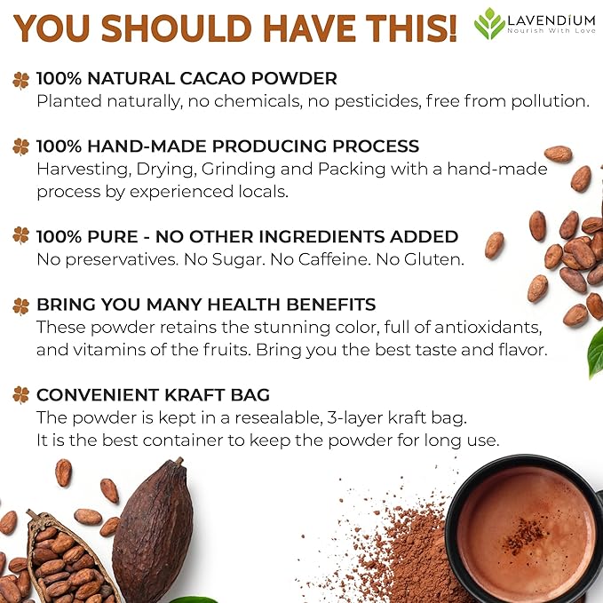 25oz (1.56 lbs) Cacao Powder, 100% Natural & Pure, Unsweetened, Rich Chocolate Flavor, Perfect for Baking & Smoothies No Additives, No Gluten, Vegan.