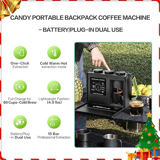 CANDY Portable Espresso Machine with Strap, 3 in 1 Coffee Maker, One-Touch Operation, Rechargeable Cold Brew Up to 60 Cups, for Ground, Ideal for Camping, RV & Outdoor, Home, Heating in Plug-in Mode