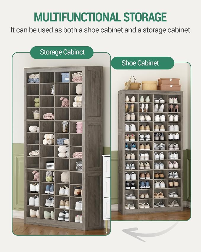 Hzuaneri Shoe Storage Cabinet, 48 Pairs Free Standing Closet Organizer, 9 inch Widened Cell Wood Shoe Organizer, 12 Tiers Vertical Space Saving Shoe Rack for Entryway, Cloakroom, Greige SR39605X