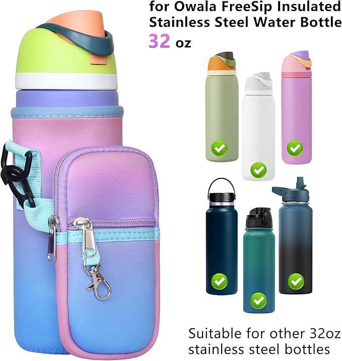 Water Bottle Carrier Bag with Strap for Owala FreeSip 24/32oz with Detachable Phone Pocket for Owala Accessories 24/32oz Water Bottle Sleeve for Walking Camping Gym