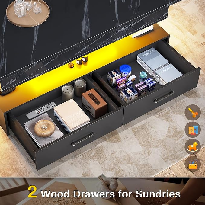 SEDETA 40" Lift Top Coffee Table, Coffee Tables with Storage for Living Room, Small Coffee Table with 2 Drawers & LED Light for Dining Reception Room, Black Marble