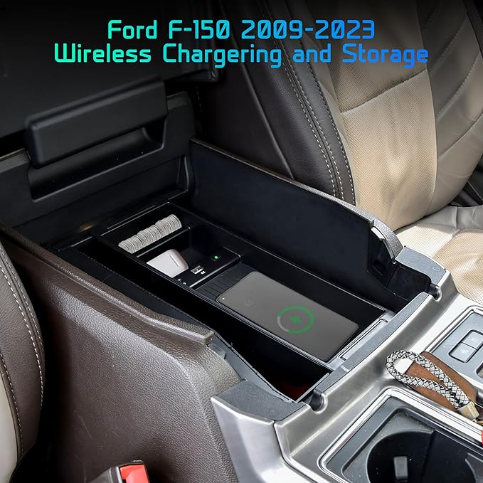 Wireless Charger for F150 2009-2023, Center Console Organizer Box Fast Wireless Chargering with USB-A USB-C Port for Ford F150 2009-2021 2022 2023 Accessories