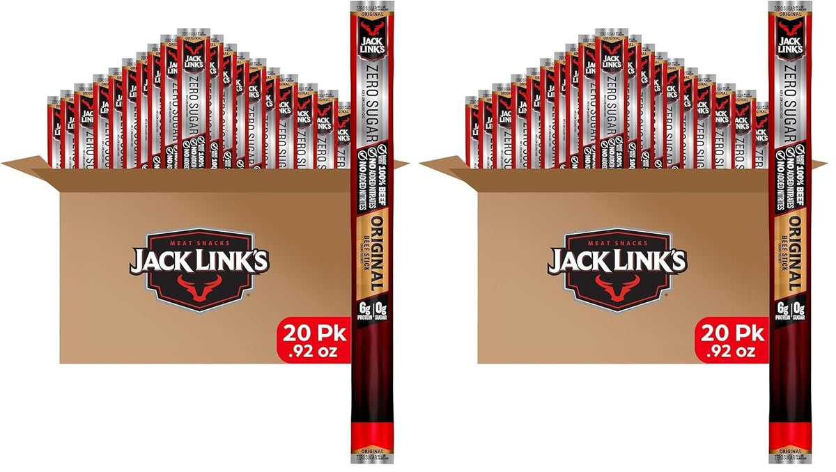 Jack Link's Original Zero Sugar Beef Sticks - (20 Pack) 0.92 oz Meat Sticks - Ready to Eat Protein Snacks - 5g Protein per Serving - Made with 100% Real Beef