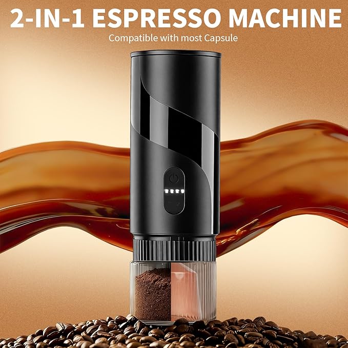 Portable Electric Espresso Machine Set - Travel Coffee Maker Pack for Camping, with Ground Coffee & NS Capsule, Electric Milk Frother, Grinder, Gift for Coffee Lover, for Car, RV, Hiking, Office