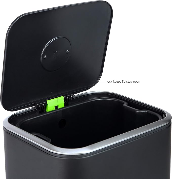 Amazon Basics Rectangular Metal Trash Can With Soft-Close Foot Pedal, Fingerprint Resistant, Removable Inner Bucket, 32 liter/8.5 gallon, Black, 14"L x 14"W x 25.3"H