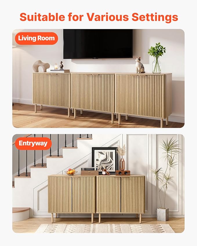VEVOR Buffet Cabinet, Sideboard Cabinet with 2-Tier Storage, Coffee Bar Cabinet with Adjustable Shelves, Fluted Sideboard Buffet for Hallway, Entryway, Living Room, or Kitchen, Oak