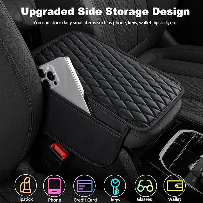 Car Center Console Cover, Upgraded Leather Armrest Seat Box Cover with 2 Storage Bags, Universal Waterproof Car Armrest Cushion Comfortable Accessories for Most Vehicles (Black)