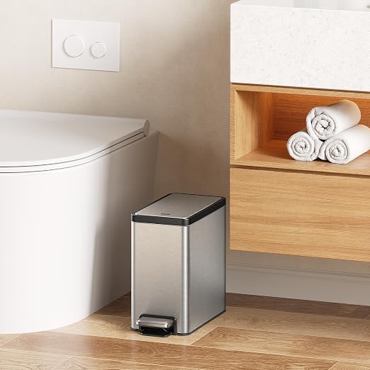 EKO 2 Pack Small Bathroom Trash Can with Lid Soft Close, Step Pedal, 6 Liter / 1.6 Gallon Stainless Steel Garbage Can with Removable Inner Bucket, Waste Basket for Bathroom, Bedroom