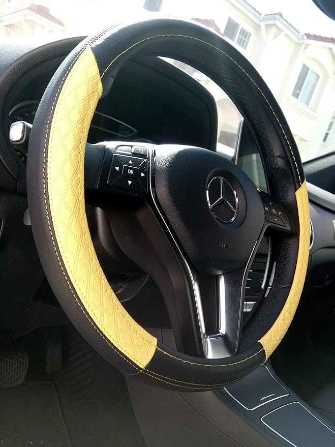 Jdragon Black & Yellow PU Leather Great Comfort Slip-On Steering Wheel Cover 14.25-15" Diameter