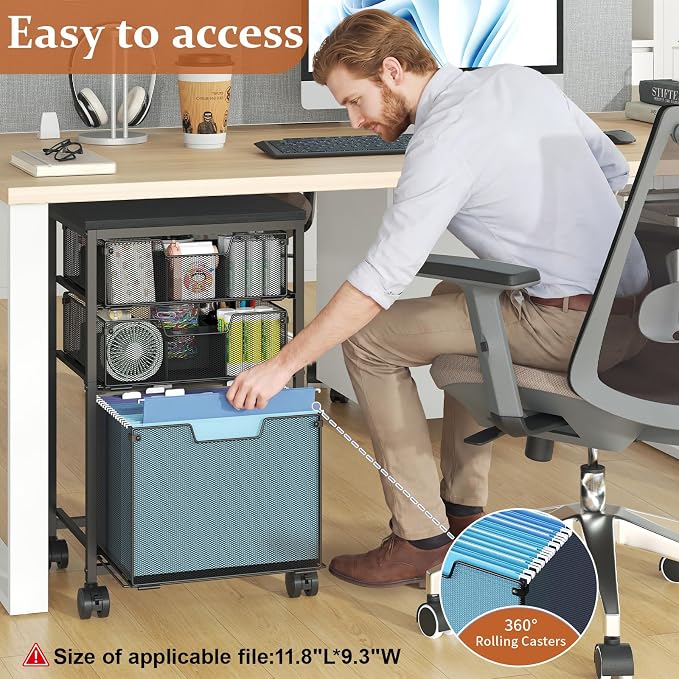 Sbanmao Rolling File Cart with 3 Drawers, File Cabinet with DIY Divider, Hanging Folder Holder Organizer with Wheels, Under Desk Storage Utility Cart, Printer Stand for Home Office, Black