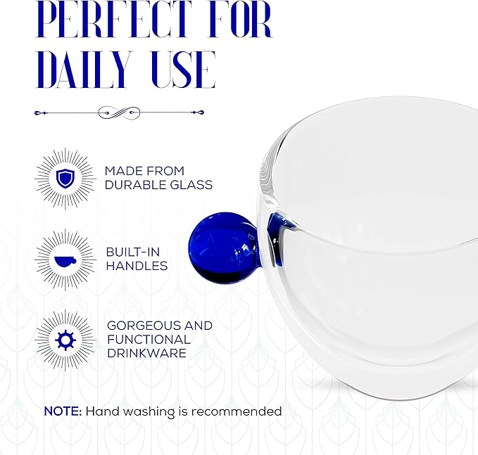 Elle Decor Double Wall Glass Coffee Mugs | Set of 2 | 9-Oz Wide Mouth Glass Coffee Mugs for Home, Office, Bar, or Gift | Modern, Insulated, Reusable Latte Mugs (Blue)