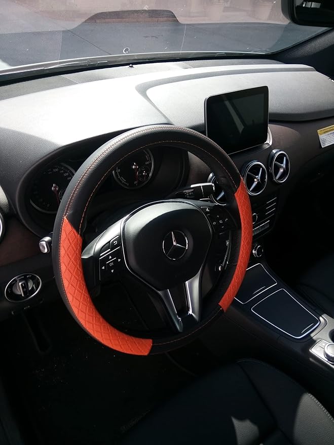 Jdragon Black & Orange PU Leather Great Comfort Slip-On Steering Wheel Cover 14.25-15" Diameter