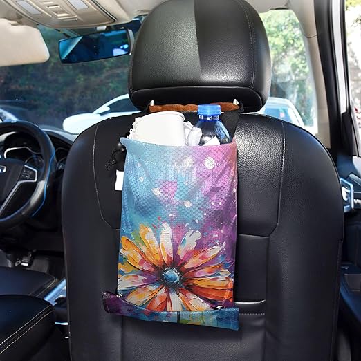 ALAZA Hanging Car Trash Bags Garbage Bag Trash Can for Back Seat Small Oilpainting Flower Washable Storage Bag Retractable 2 Pack