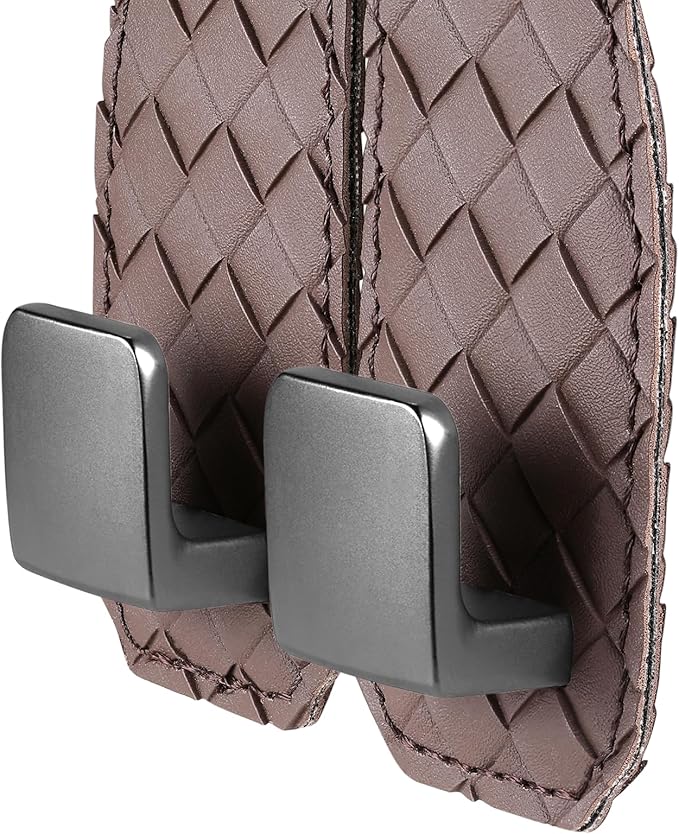 2 Pack Car Seat Headrest Hooks, Nappa Leather Car Back Seat Hangers for Purses and Bags, Woven Design with Double Dual Zinc Alloy Hooks for Car Organization and Storage (Dark Taupe)