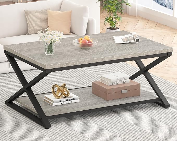 HSH Rustic Grey Coffee Table, Modern Minimalist Living Room Table with Storage Shelf, Industrial Simple Metal Wooden Center Table, 2 Tier Rectangle Cocktail Tea Table for Home Office Bedroom, 39 Inch