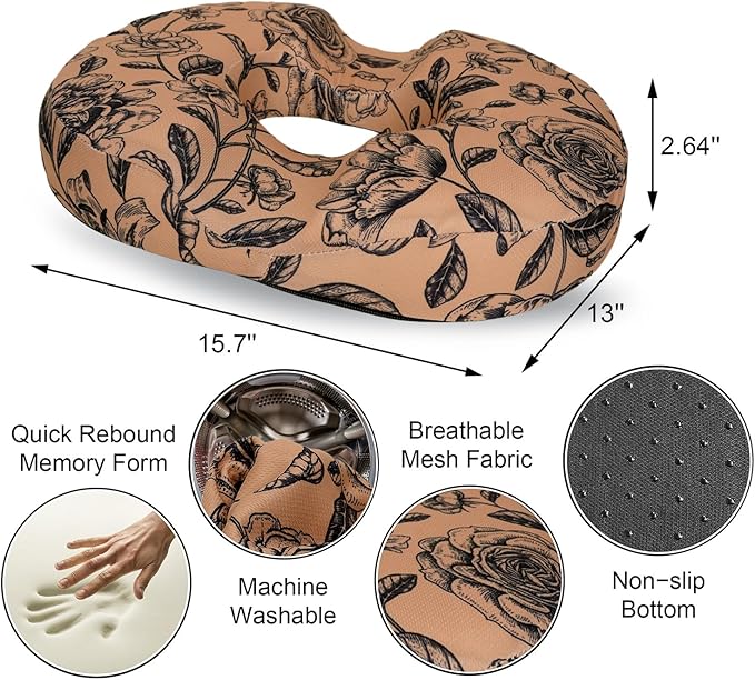 Floral Donut Pillow for Hemorrhoids Seat Cushion for Tailbone Pain Relief - Flower Home Office Chair Cushion for Long Sitting Work - Memory Foam Car Seat Cushions for Driving Butt Pain Pressure Relief